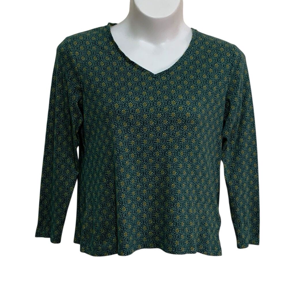 Croft & Barrow T-Shirt Top Women Size XL Green Yellow Floral Long Sleeve V-Neck